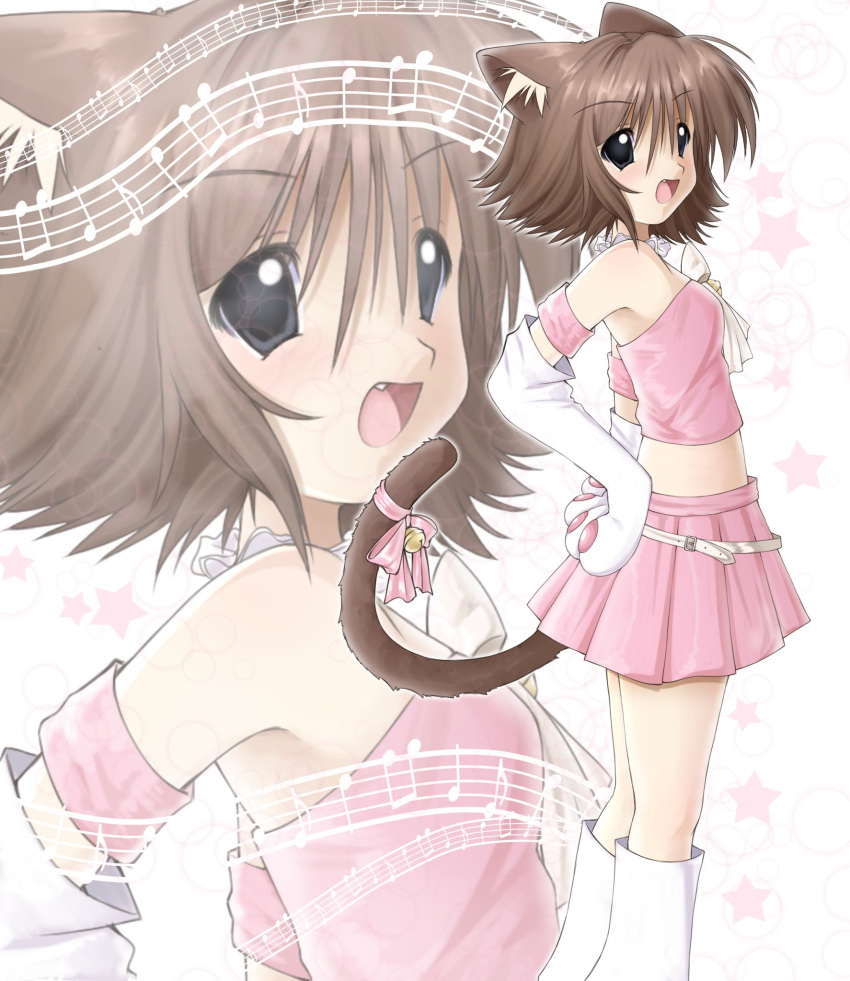 1girl, 2000s_(style), animal_ears, animal_hands, bell, brown_hair, cat_ears, cat_girl