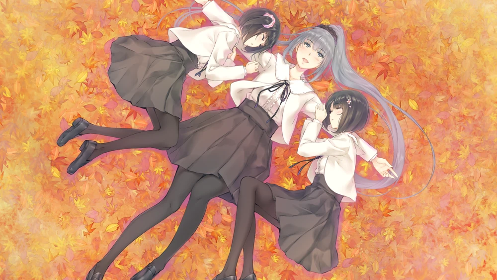 3girls, autumn, autumn_leaves, black_hair, blue_eyes, blue_hair, closed_eyes, flowers_(innocent_grey)