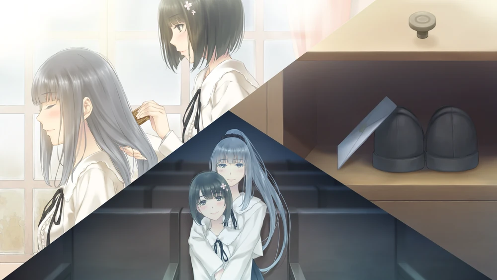 2girls, black_eyes, black_hair, blue_eyes, blue_hair, brushing_another&amp;#039;s_hair, cabinet, closed_eyes