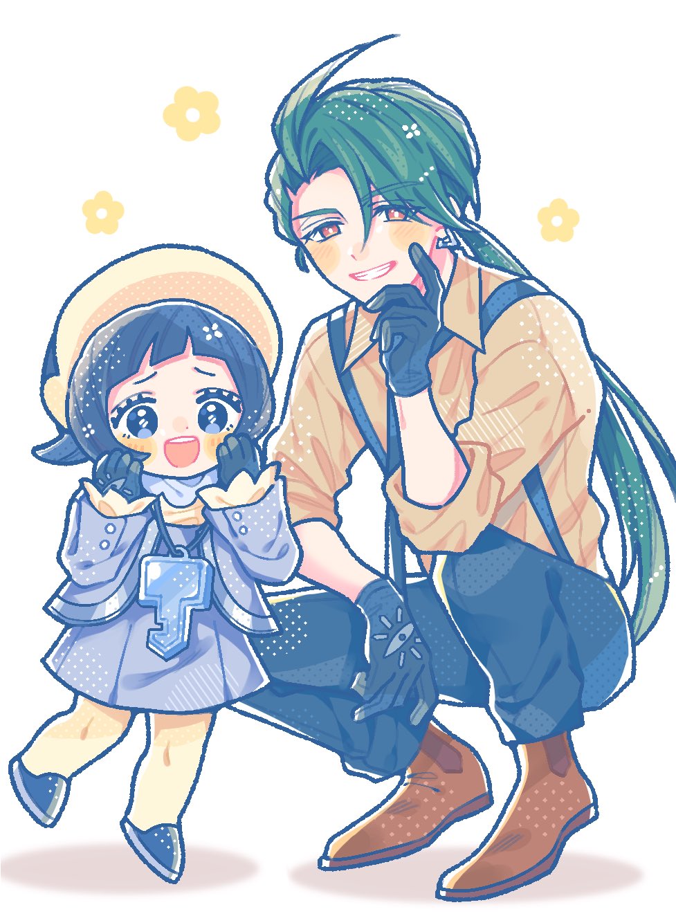 2girls, :d, black_eyes, black_footwear, black_gloves, black_hair, brown_footwear, dress, full_body, gloves, green_hair, hair_between_eyes, highres, jewelry, long_hair, long_sleeves, looking_at_viewer, multiple_girls, necklace, pokemon, pokemon_sv, ponytail, poppy_(pokemon), red_eyes, rika_(pokemon), shirt, short_hair, smile, suspenders, szr_pi, teeth, white_background