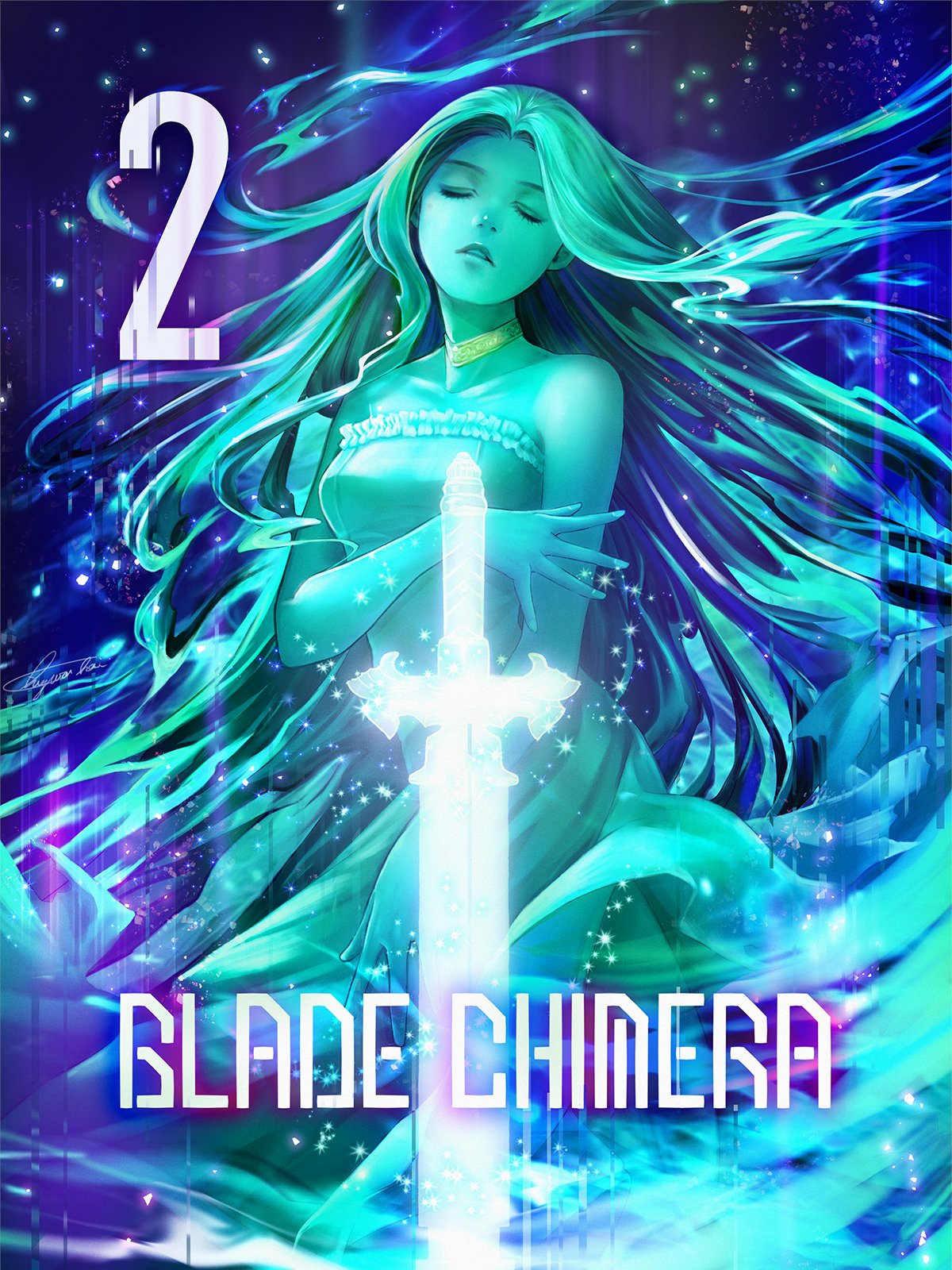 1girl, blade_chimera, breasts, choker, closed_eyes, collarbone, colored_skin, copyright_name, countdown_illustration, dress, glowing, glowing_weapon, gold_choker, green_hair, green_skin, highres, lux_(blade_chimera), medium_breasts, official_art, parted_lips, release_celebration, satochi_(1122), second-party_source, signature, sword, weapon