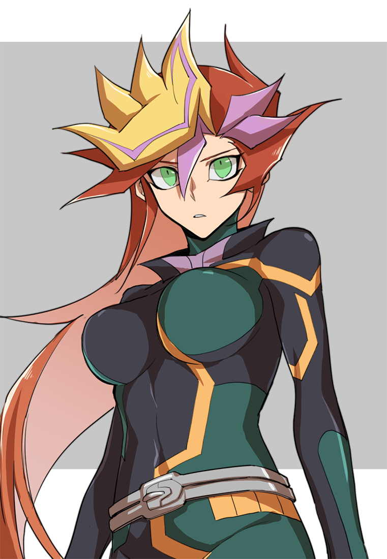 1girl, alternate_form, arms_at_sides, belt, black_bodysuit, bodysuit, border, breasts