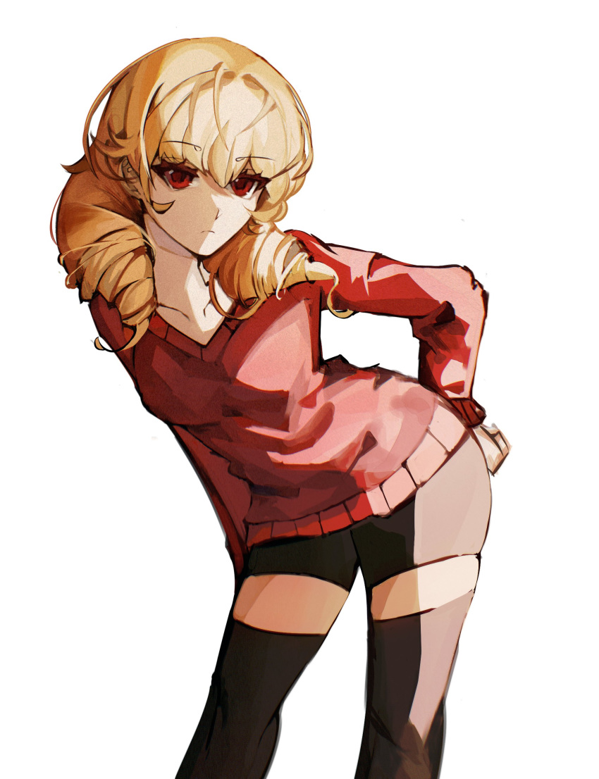 1girl, absurdres, alternate_costume, bike_shorts, blonde_hair, breasts, drill_hair, er1kawagner, erika_wagner, highres, leaning_forward, long_hair, looking_at_viewer, red_eyes, red_sweater, simple_background, solo, sweater, thigh-highs, twin_drills, under_night_in-birth, under_night_in-birth_exe:late[st], white_background