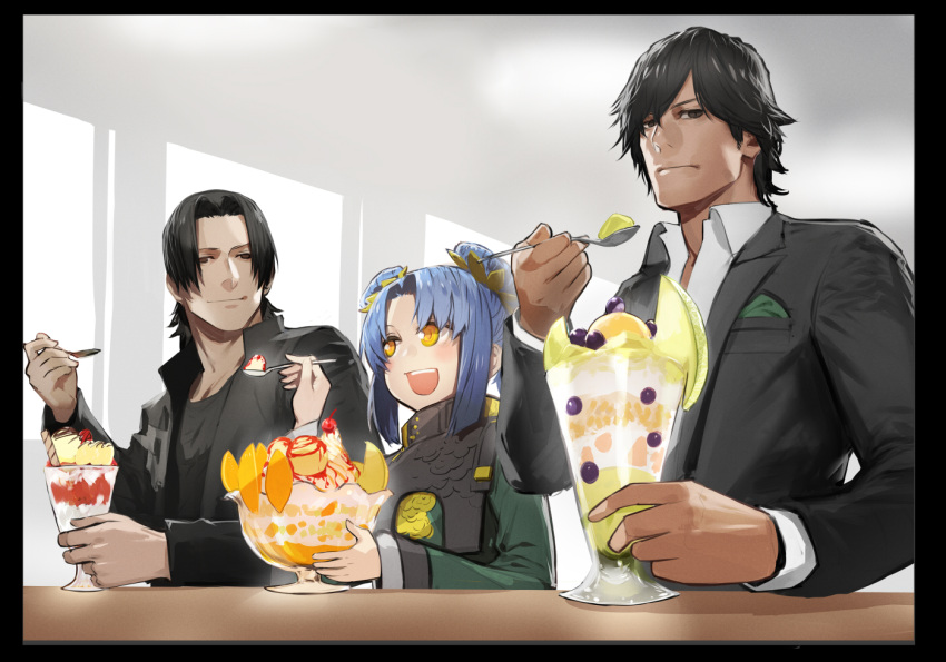 1girl, 2boys, black_coat, black_hair, blue_hair, coat, commentary_request, crossover