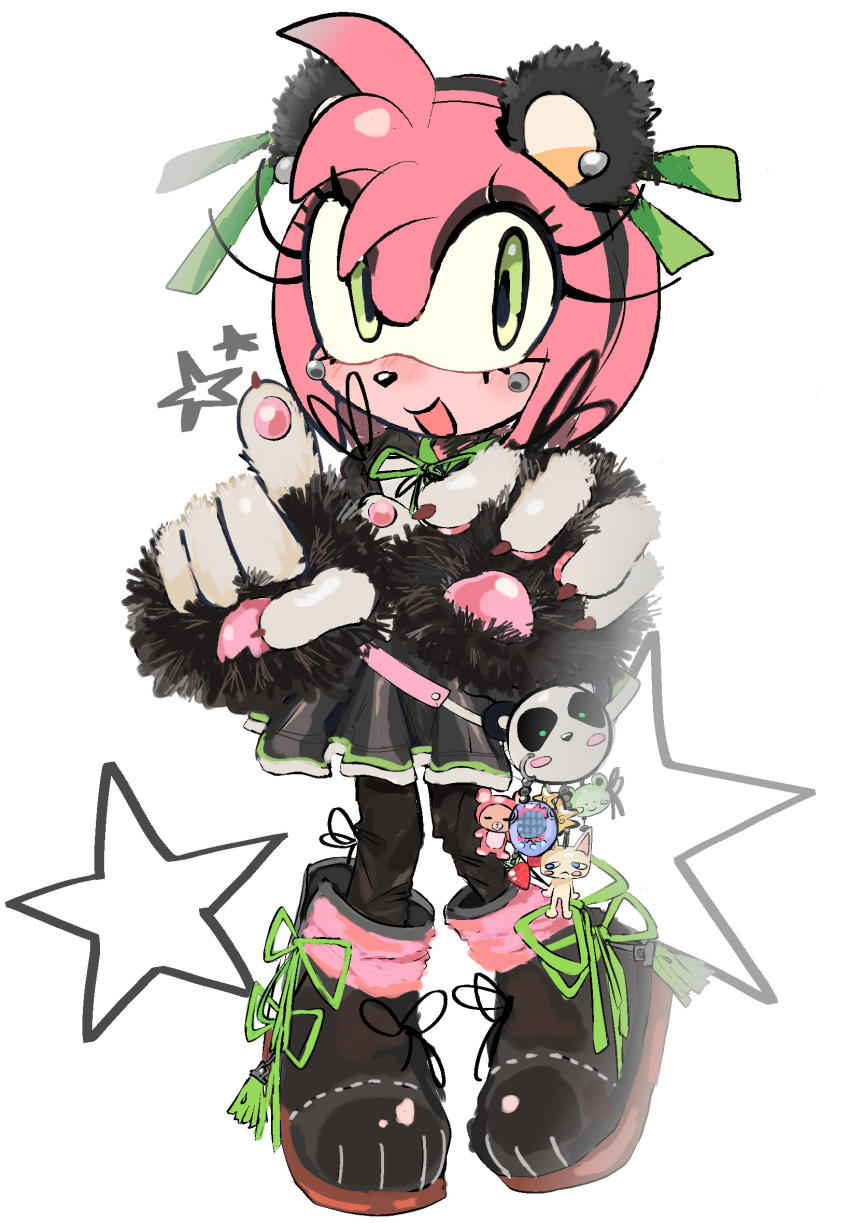 1girl, :d, amy_rose, amy_rose_(panda), animal_bag, animal_ears, animal_hands, black_eyeshadow, black_footwear, black_gloves, black_leggings, black_skirt, claw_pose, claws, eyelashes, eyeshadow, frills, full_body, furry, furry_female, gloves, green_eyes, green_ribbon, hedgehog_girl, highres, i3lessings, leggings, looking_at_viewer, makeup, official_alternate_costume, open_mouth, panda_ears, paw_gloves, pawpads, pink_fur, pink_hair, ribbon, simple_background, skirt, smile, solo, sonic_(series), sonic_dash, sonic_forces:_speed_battle, standing, star_(symbol), white_background