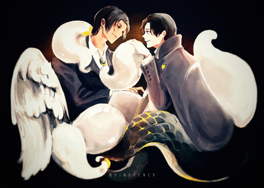 2boys, azik_eggers, black_coat, black_eyes, black_hair, black_suit, book, coat