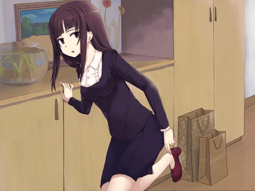 1girl, bag, black_shirt, black_skirt, brown_eyes, brown_hair, flower, game_cg