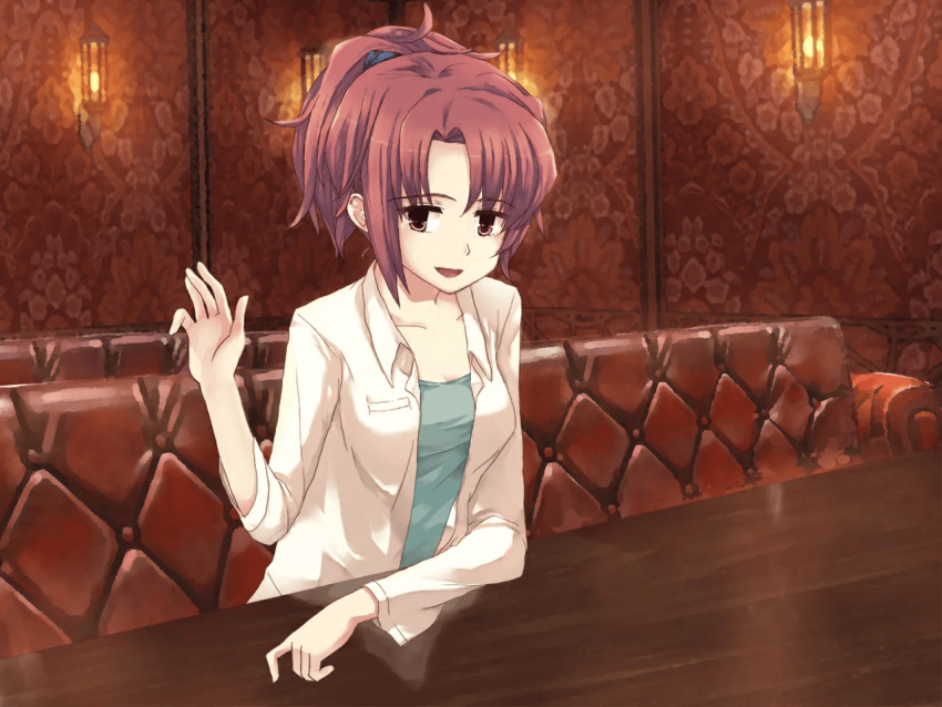 1girl, amber_eyes, couch, desk, game_cg, hide38, labcoat, lamp