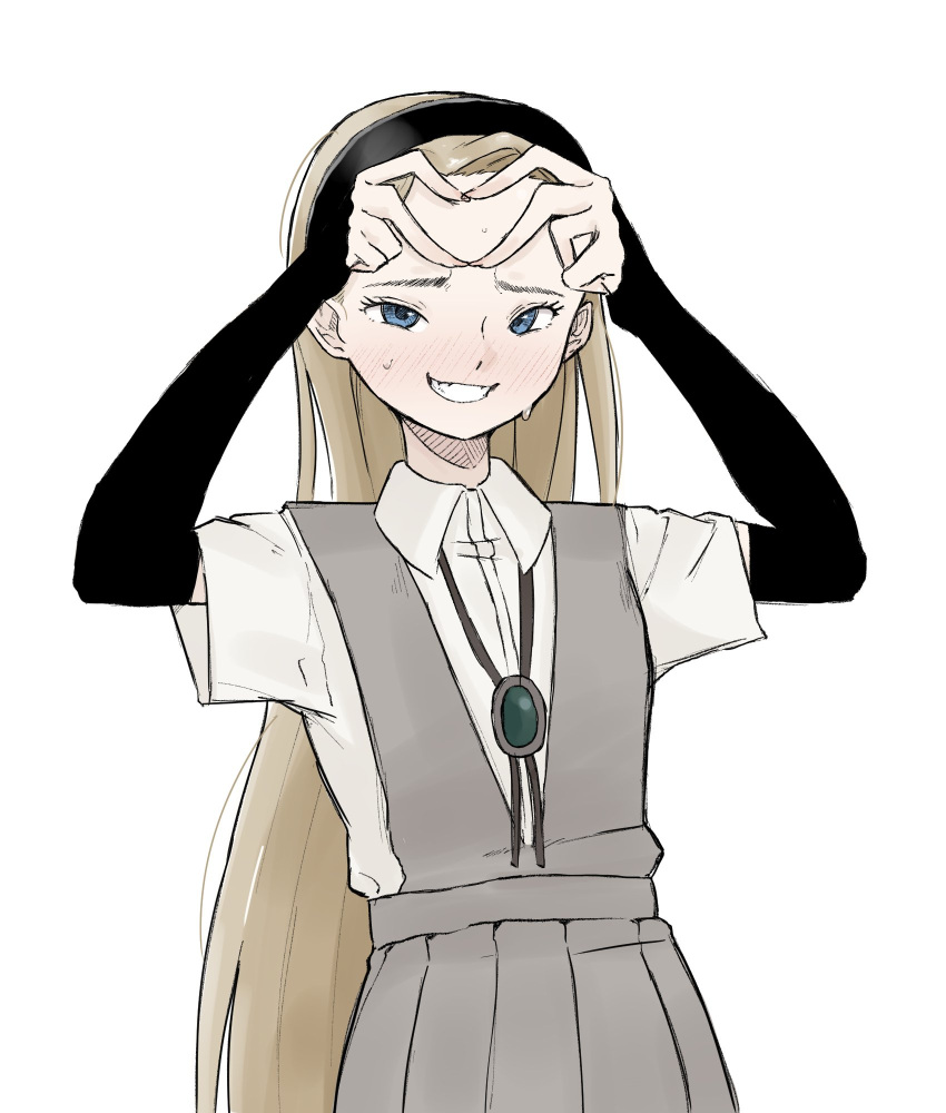 1girl, blonde_hair, blue_eyes, blush, bolo_tie, borrowed_character, detached_sleeves, forehead