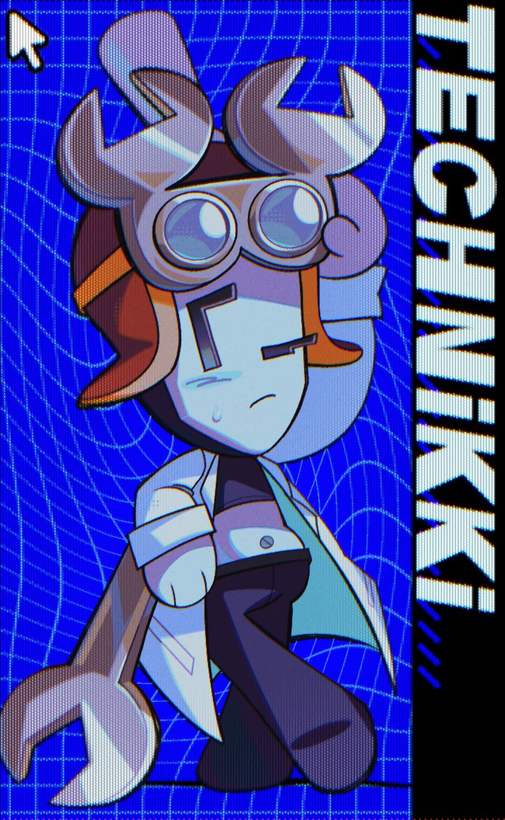 1girl, blue_skin, blue_theme, character_name, colored_skin, cursor, goggles, goggles_on_head