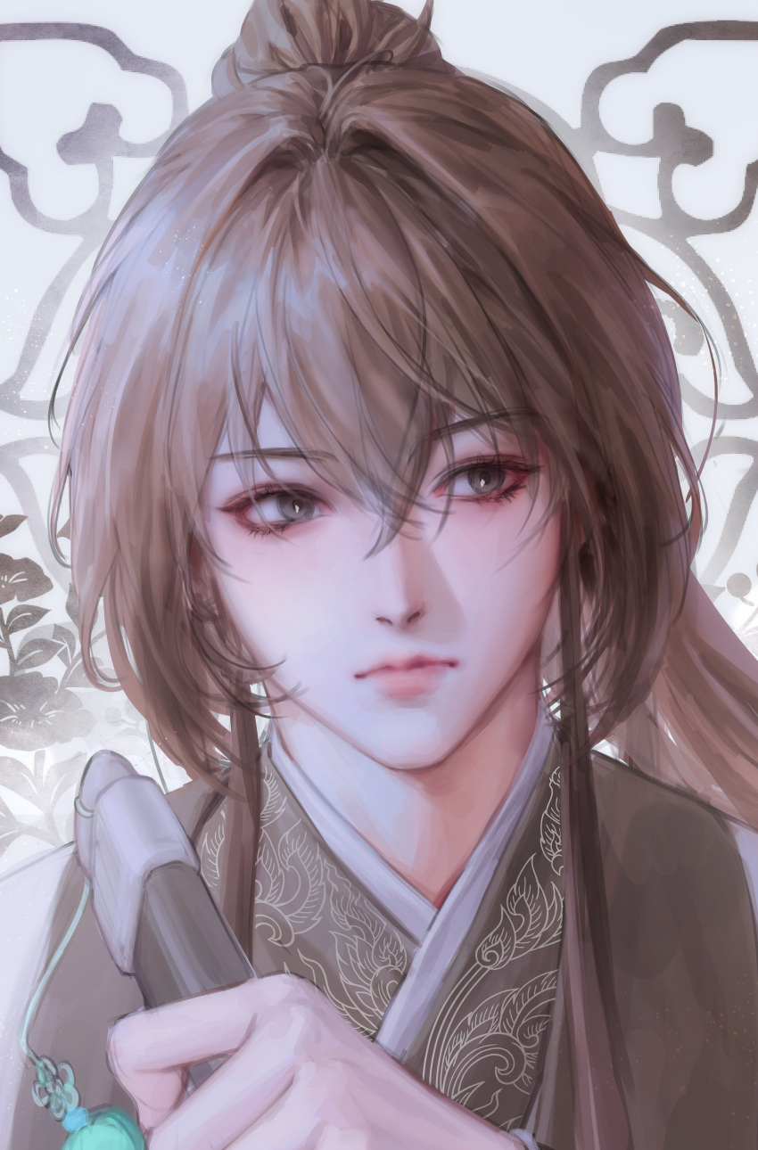 1boy, absurdres, black_hair, chinese_clothes, closed_mouth, crossed_bangs, flower, grey_eyes