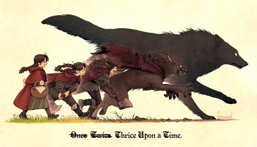 1girl, animal, animal_ears, artist_name, axe, basket, black_footwear, body_fur, boots, braid, brown_fur, brown_hair, cape, capelet, commentary, dimension_20, dress, dungeons_&amp;_dragons, english_commentary, english_text, feriowind, from_side, full_moon, fur-trimmed_footwear, fur_trim, green_dress, holding, holding_axe, holding_basket, knee_boots, long_hair, looking_ahead, moon, multiple_forms, multiple_views, open_mouth, red_cape, red_capelet, running, signature, smile, transformation, twin_braids, werewolf, wolf, wolf_ears, wolf_girl, yellow_background, yellow_eyes, ylfa_snorgelsson