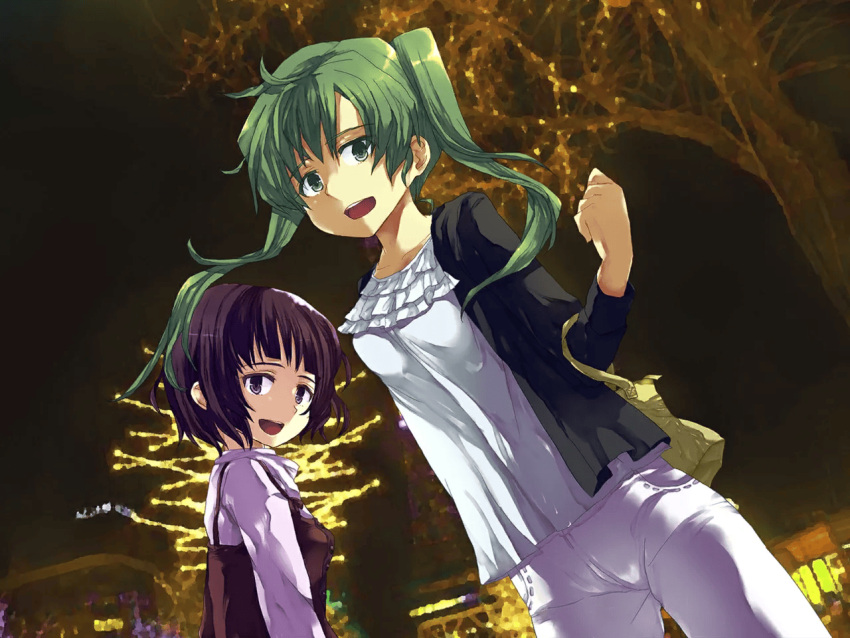 2girls, bag, brown_eyes, brown_hair, game_cg, green_eyes, green_hair, hide38