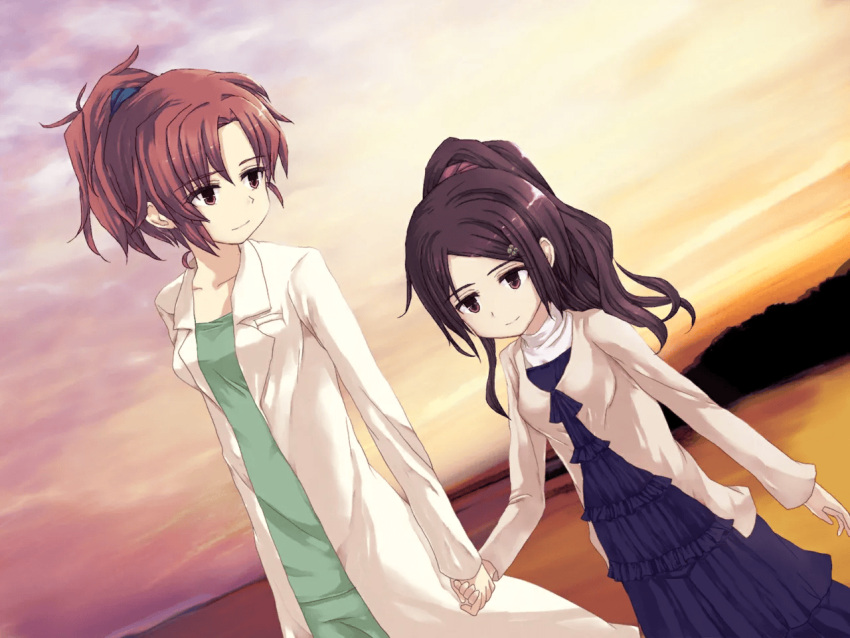 2girls, amber_eyes, beach, brown_hair, character_request, dress, hide38, holding_hands