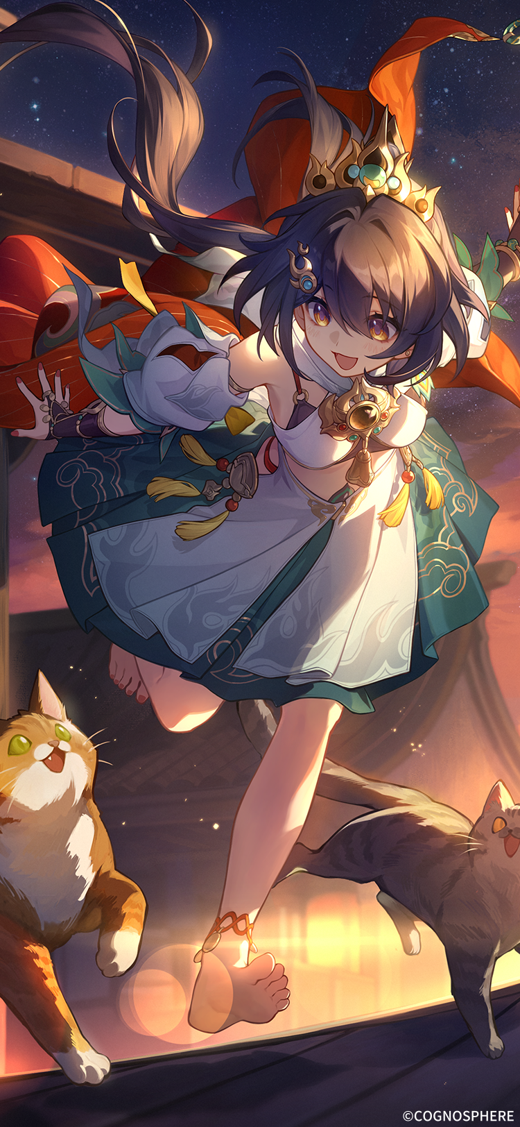 1girl, :d, animal, anklet, barefoot, black_hair, bridal_gauntlets, building