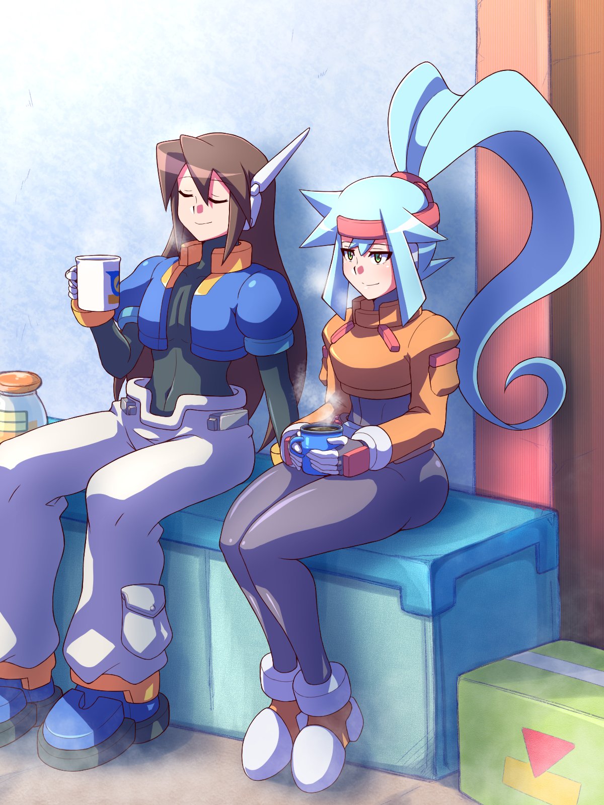 1boy, 1girl, ashe_(mega_man), blue_hair, blue_jacket, brown_hair, closed_eyes, closed_mouth
