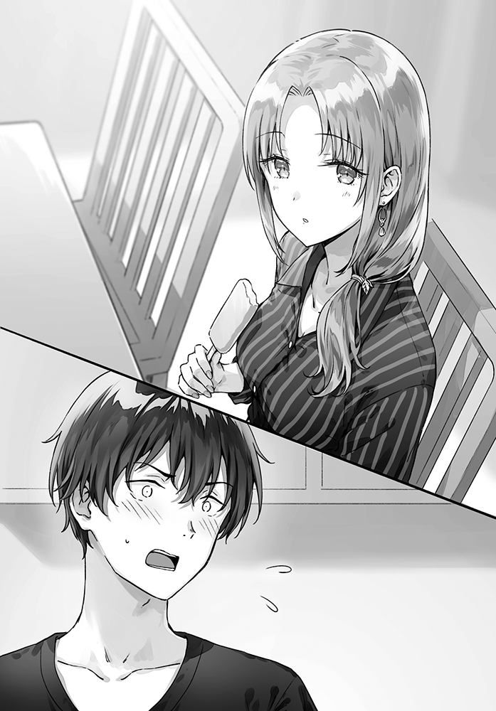 1boy, 1girl, asamura_yuuta, ayase_akiko, blush, chair, collarbone, collared_shirt, commentary_request, flying_sweatdrops, food, gimai_seikatsu, greyscale, hair_between_eyes, hiten_(hitenkei), holding, holding_food, long_hair, looking_at_viewer, low-tied_long_hair, monochrome, mother_and_son, novel_illustration, official_art, open_mouth, parted_lips, second-party_source, shirt, short_hair, sitting, step-mother_and_step-son, striped_clothes, striped_shirt, table, vertical-striped_clothes, vertical-striped_shirt