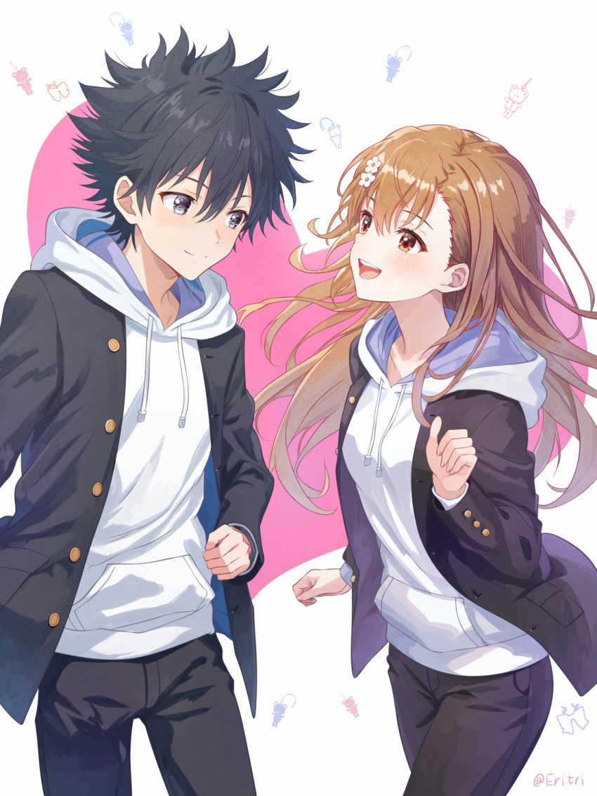 1boy, 1girl, :d, alternate_hair_length, alternate_hairstyle, asymmetrical_bangs, black_eyes, black_hair