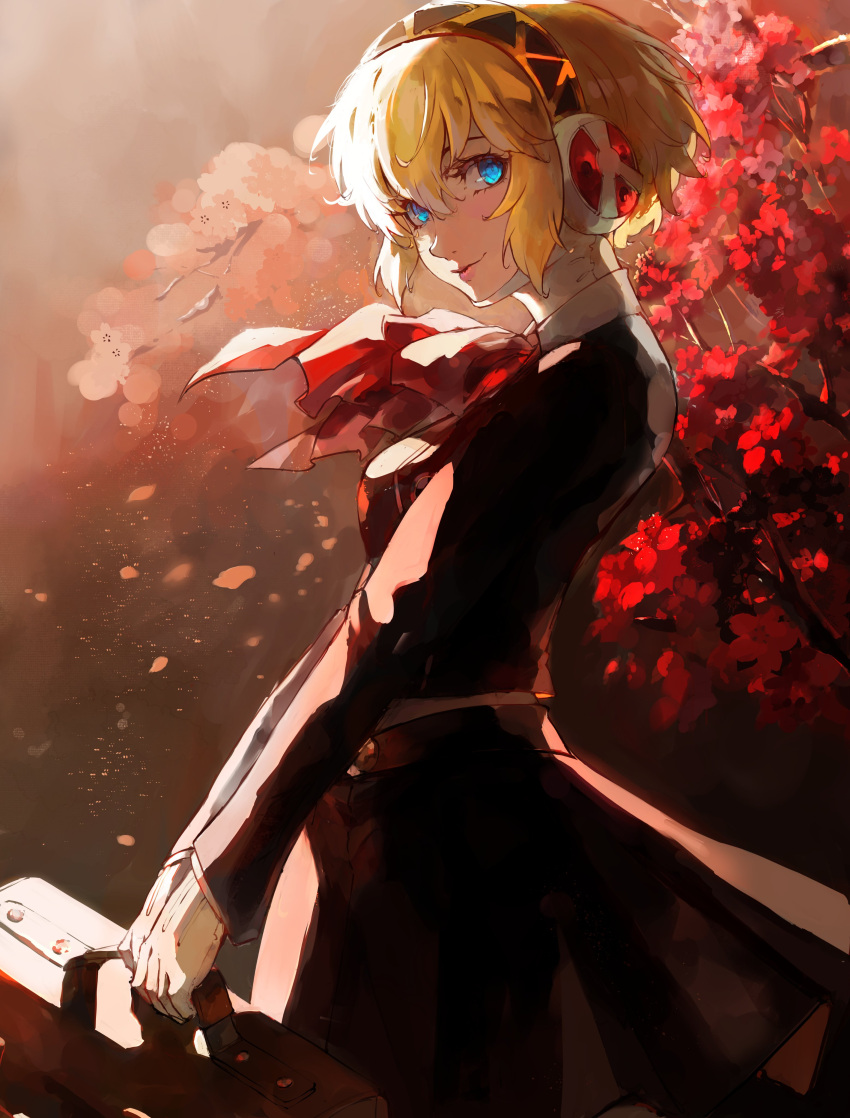 1girl, absurdres, aigis_(persona), bag, black_jacket, black_skirt, blue_eyes, bow
