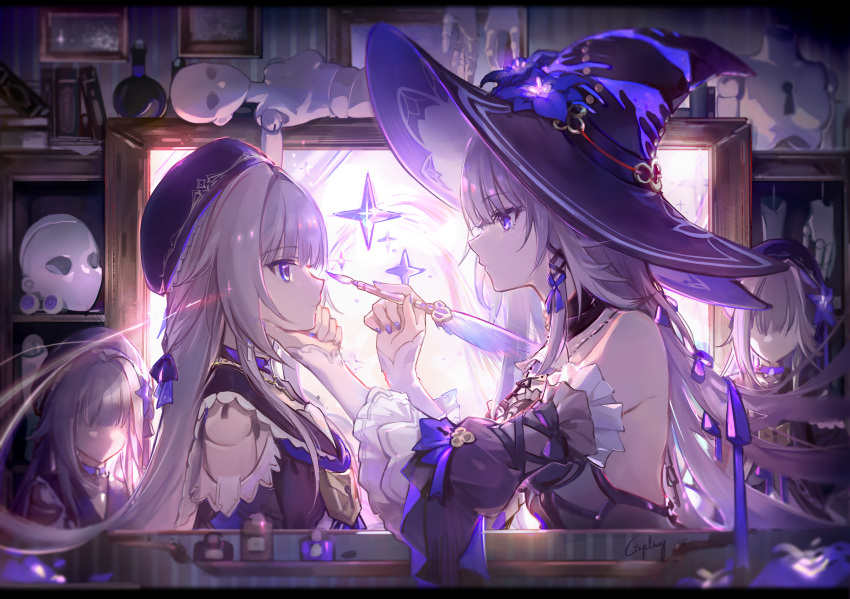 4girls, black_dress, black_hat, brown_hair, csyday, detached_sleeves, dress, flower, from_side, hand_on_another's_chin, hat, hat_flower, herta_(honkai:_star_rail), highres, holding, holding_quill, honkai:_star_rail, honkai_(series), long_hair, long_sleeves, multiple_girls, multiple_persona, purple_flower, purple_nails, quill, the_herta_(honkai:_star_rail), violet_eyes, witch_hat
