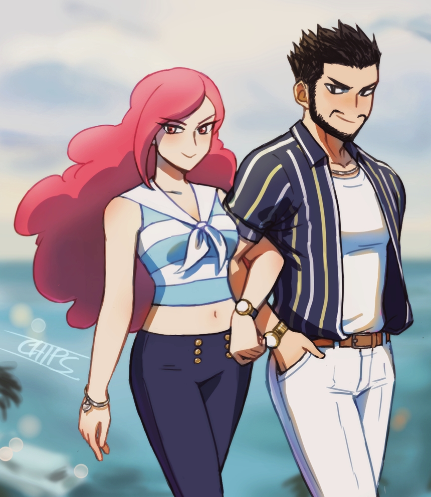 1boy, 1girl, alternate_costume, archie_(pokemon), bare_shoulders, belt, big_hair, black_hair