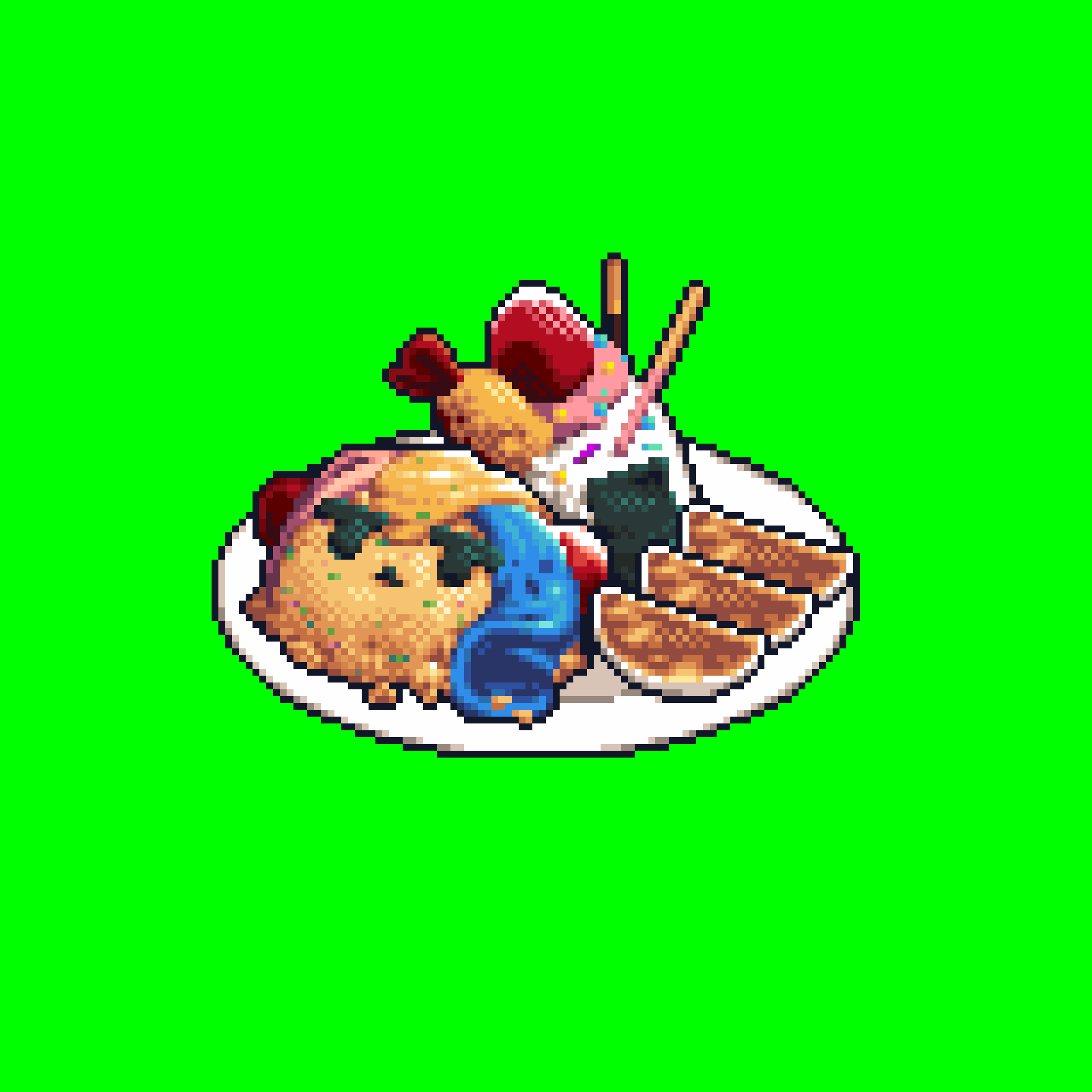 commentary_request, dumpling, food, food_focus, foodification, fried_rice, fruit, green_background, highres, jiaozi, mahjong_fight_girl, no_humans, onigiri, plate, pocky, shrimp, shrimp_tempura, simple_background, strawberry, tempura, tonchamon_san, toy-toy