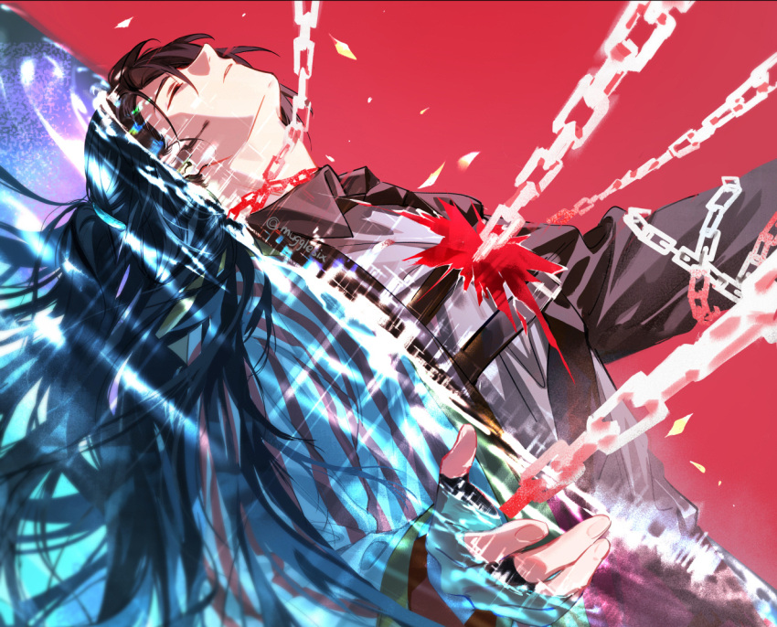 1boy, black_hair, chain, chest_strap, closed_eyes, collared_shirt, dress_shirt, dutch_angle
