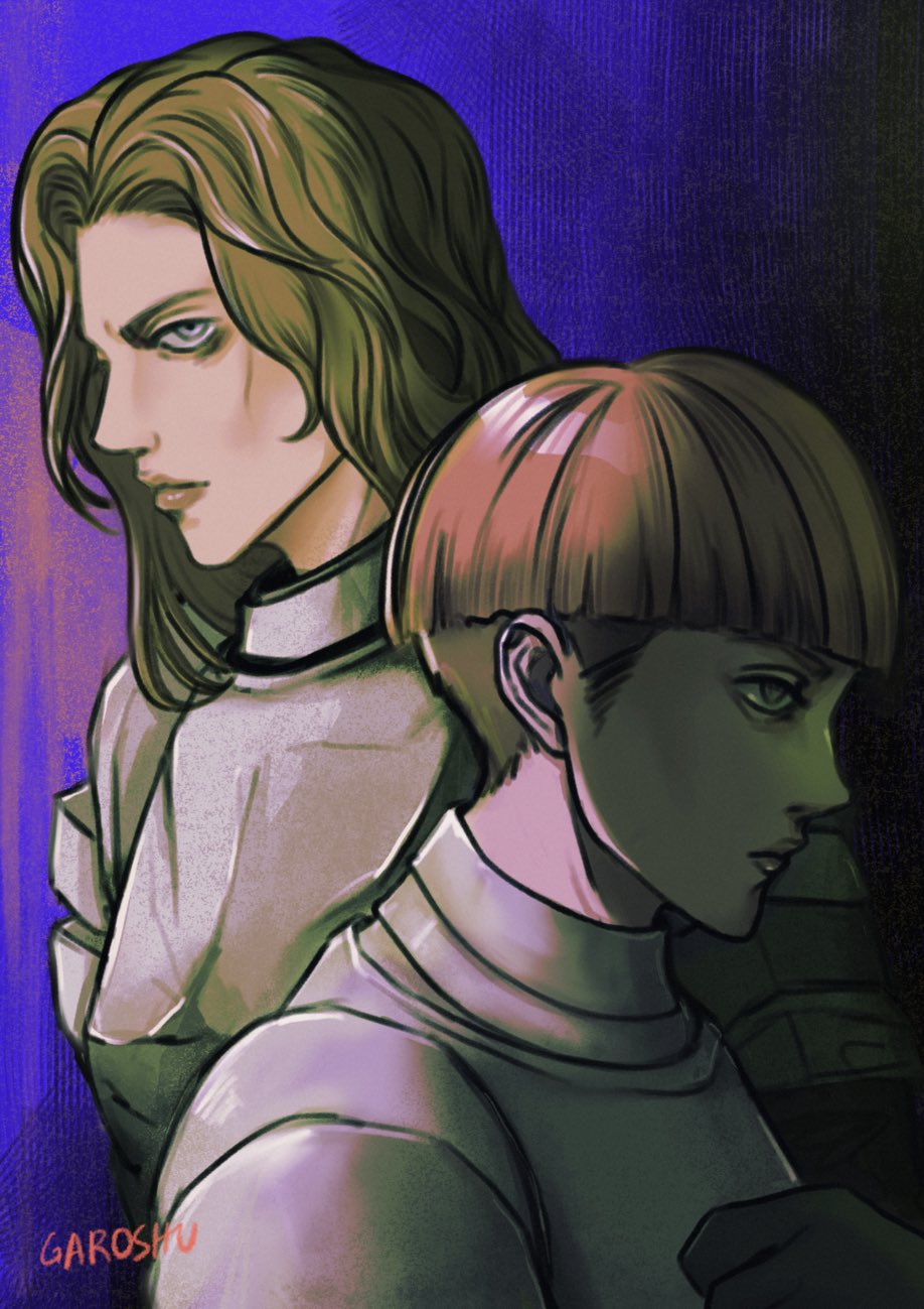1boy, 1girl, armor, artist_name, black_background, blonde_hair, blue_background, bowl_cut