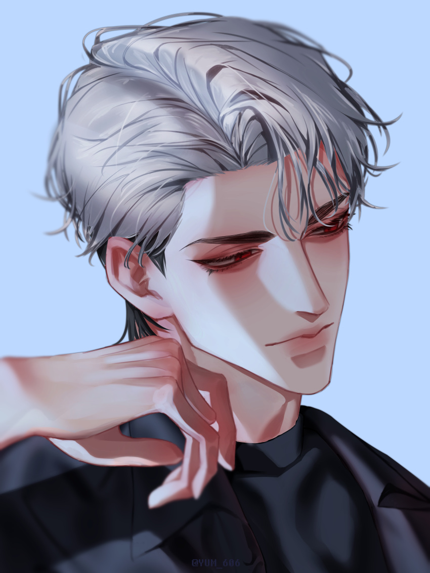 1boy, absurdres, black_shirt, blue_background, eunho_(plave), hair_between_eyes, hair_slicked_back, hand_on_own_neck