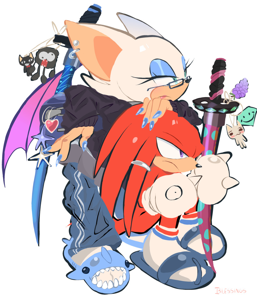 1boy, 1girl, absurdres, alternate_costume, animal_ears, bat_ears, bat_girl, bat_wings, black_hoodie, blue_eyes, blue_eyeshadow, blue_footwear, blue_nails, blue_pants, closed_mouth, earrings, eyeshadow, frown, full_body, furry, furry_female, furry_male, glasses, gloves, highres, holding, holding_sword, holding_weapon, hood, hoodie, i3lessings, jewelry, knuckles_the_echidna, looking_to_the_side, makeup, pants, pink_lips, red_fur, red_hair, rouge_the_bat, sandals, simple_background, sitting, socks, sonic_(series), standing, sword, violet_eyes, weapon, white_background, white_fur, white_gloves, white_hair, white_socks, wings