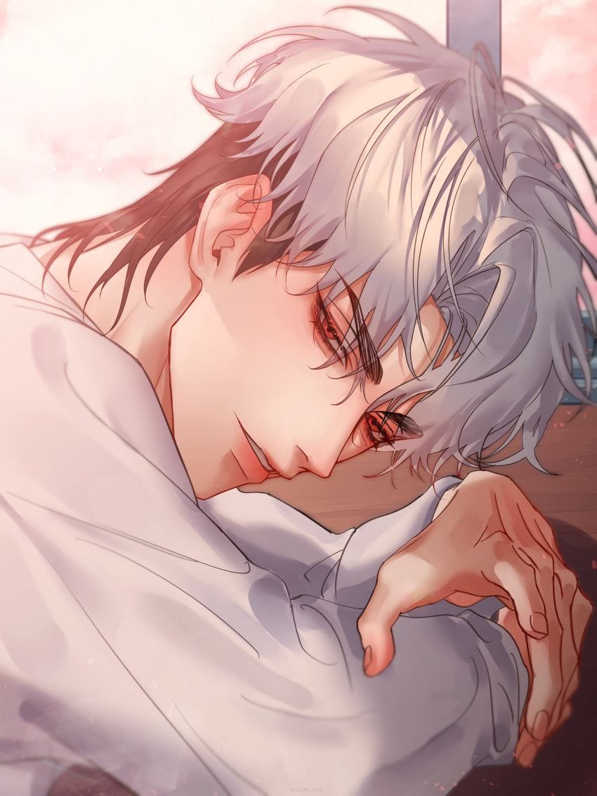 1boy, absurdres, arm_on_table, black_hair, eunho_(plave), hair_between_eyes, highres, index_finger_raised