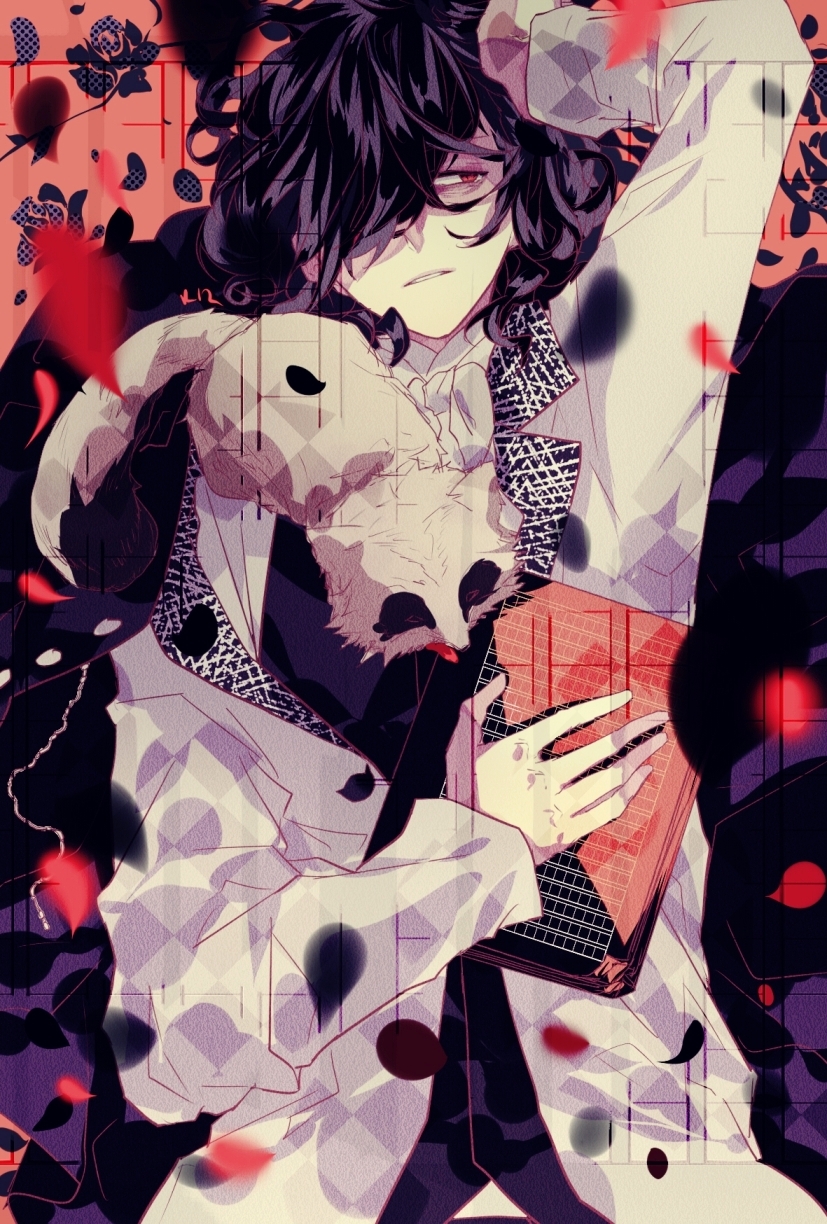 1boy, animal, arm_up, black_coat, black_hair, book, bungou_stray_dogs, coat