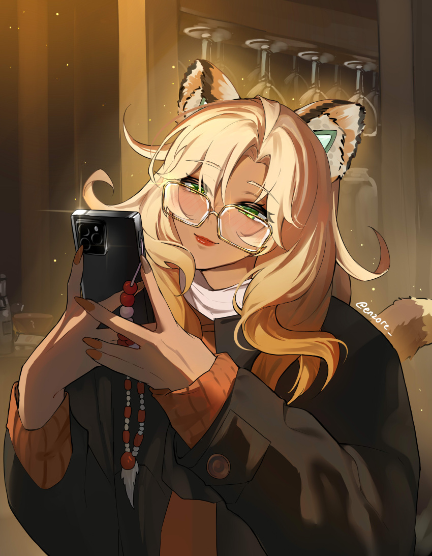 1girl, absurdres, animal_ears, artist_name, bar_(place), black_jacket, blonde_hair, cellphone