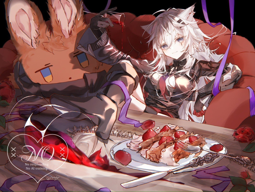 1girl, alcohol, amiya_(arknights), animal_ears, arknights, arm_up, asymmetrical_gloves, black_footwear