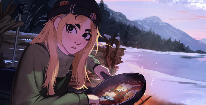 1girl, absurdres, beanie, black_eyes, blonde_hair, campfire, camping, cigarette