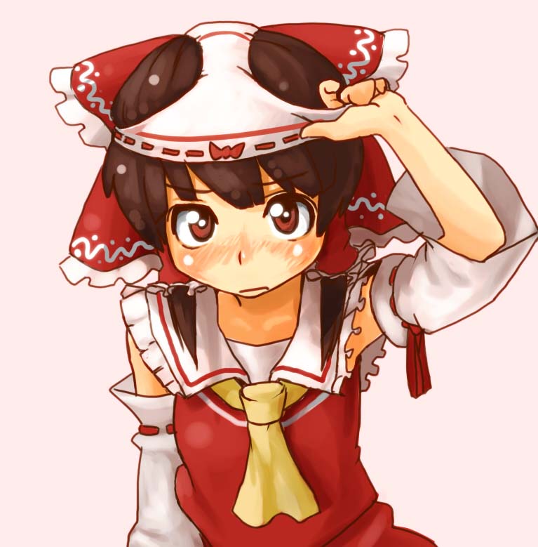 ascot, bad_id, blush, bow, brown_hair, detached_sleeves, hair_bow, hair_ornament