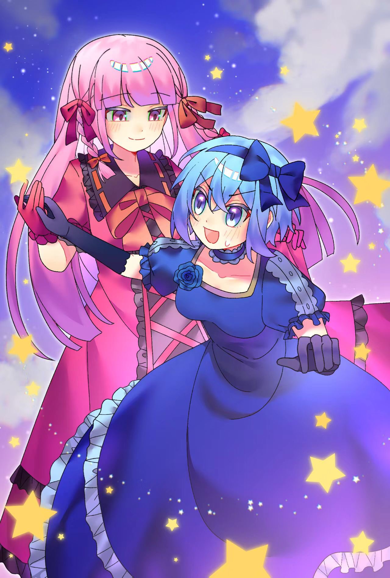 2girls, black_gloves, blue_bow, blue_choker, blue_dress, blue_eyes, blue_flower, blue_hair