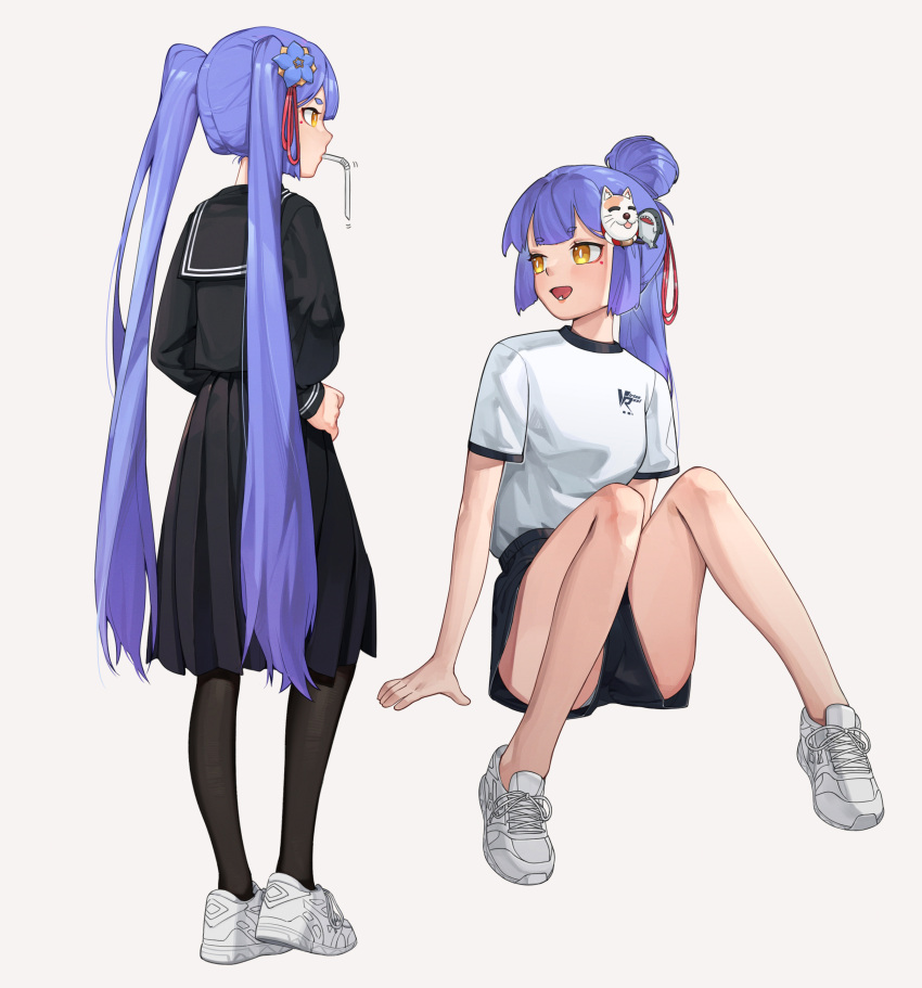 1girl, absurdres, azusa_(vtuber), azusa_official, bbq5880, black_serafuku, black_skirt, blue_hair, clone, drinking_straw, flower, gym_uniform, hair_flower, hair_ornament, hair_ribbon, highres, red_ribbon, ribbon, school_uniform, serafuku, shirt, shoes, sitting, skirt, sneakers, solo, topknot, twintails, virtual_youtuber, white_footwear, white_shirt, white_sneakers, yellow_eyes