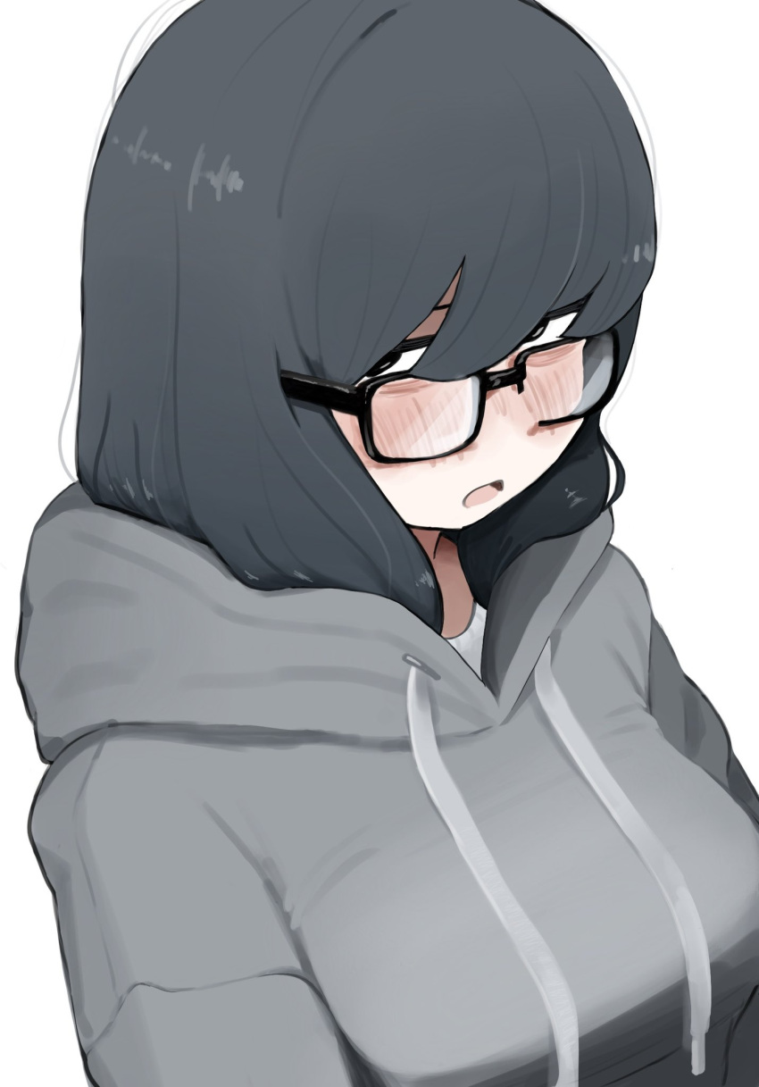 1girl, bags_under_eyes, black_eyes, black_hair, blush, breasts, glasses, grey_hoodie