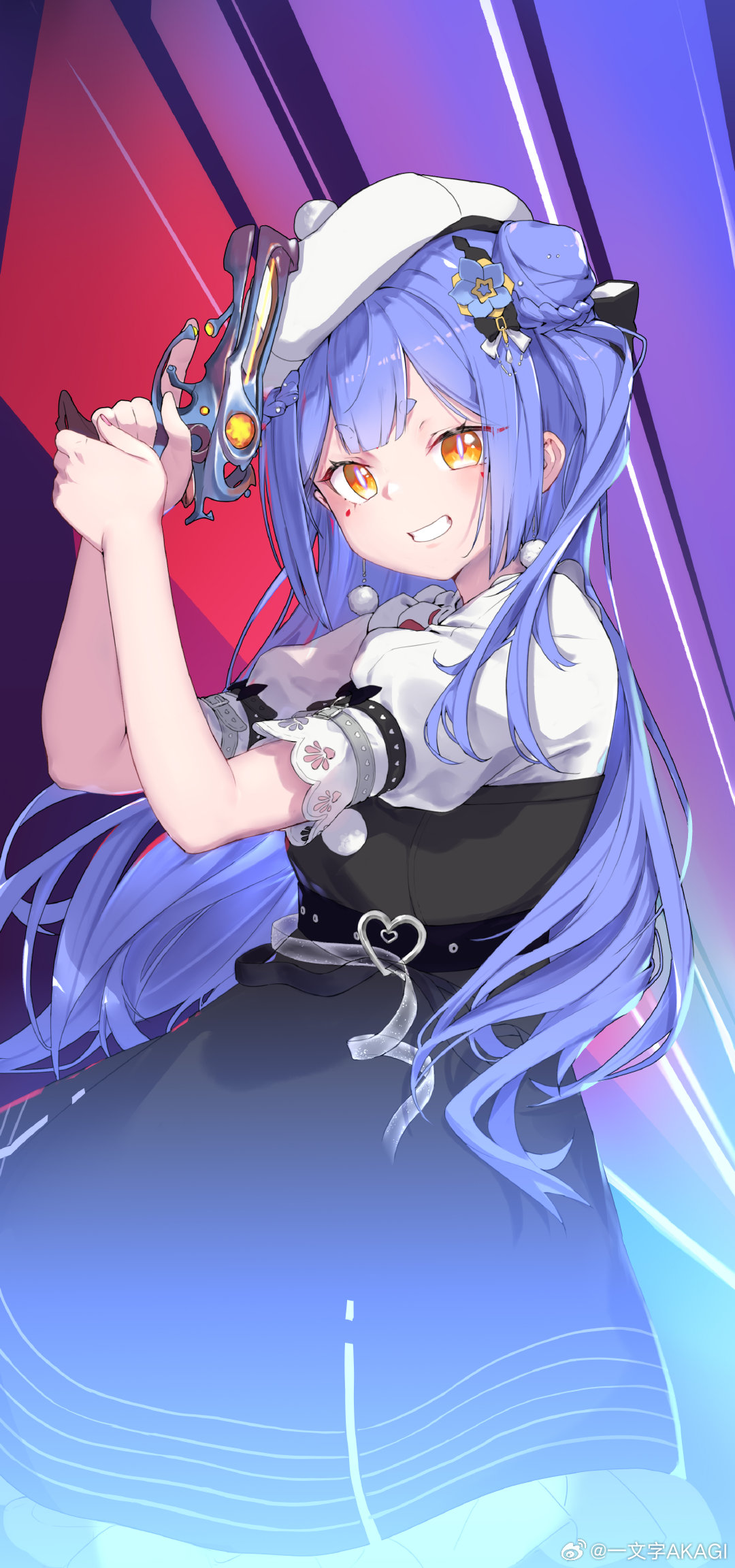 1girl, azusa_(vtuber), azusa_official, beret, black_dress, blue_hair, dress, flower, grin, hair_flower, hair_ornament, hat, highres, holding_ray_gun, long_hair, nijisanji, pinafore_dress, ribbon, sleeveless, sleeveless_dress, smile, solo, thick_eyebrows, virtual_youtuber, virtuareal, white_dress, yellow_eyes, yiwenzi_akagi