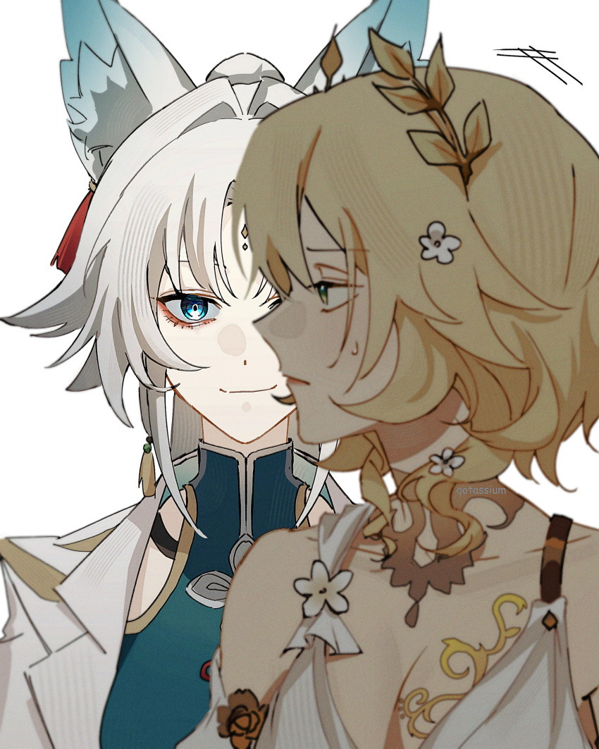2girls, absurdres, aglaea_(honkai:_star_rail), animal_ears, artist_name, blonde_hair, botassium, commentary, dress, english_commentary, feixiao_(honkai:_star_rail), flower, forehead_jewel, fox_ears, fox_girl, green_eyes, green_shirt, hair_flower, hair_intakes, hair_ornament, head_wreath, highres, honkai:_star_rail, honkai_(series), jacket, long_hair, looking_at_another, menacing, multiple_girls, shirt, short_hair, simple_background, sleeveless, sleeveless_dress, small_sweatdrop, white_background, white_dress, white_flower, white_hair, white_jacket