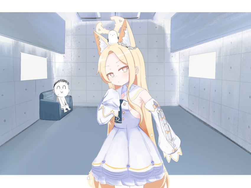 animal_ears, armchair, armpit_peek, breasts, chair, dress, fox_ears, halo