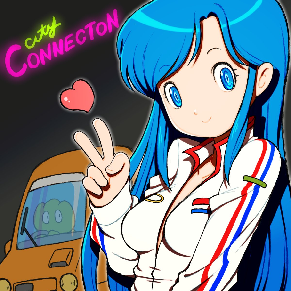 1girl, beeru_(veil8801), blue_eyes, blue_hair, breasts, car, city_connection, clarice_(city_connection), closed_mouth, collarbone, copyright_name, driving, heart, highres, krino_sandra, long_hair, looking_at_viewer, motor_vehicle, simple_background, smile, track_suit, v, valkyrie_no_densetsu