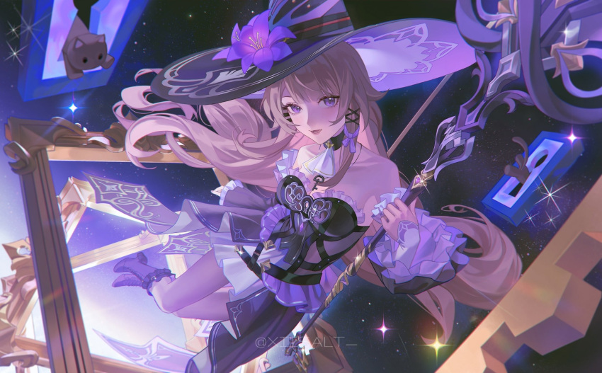 1girl, ascot, bare_shoulders, black_dress, black_hat, blunt_bangs, boots, brown_hair