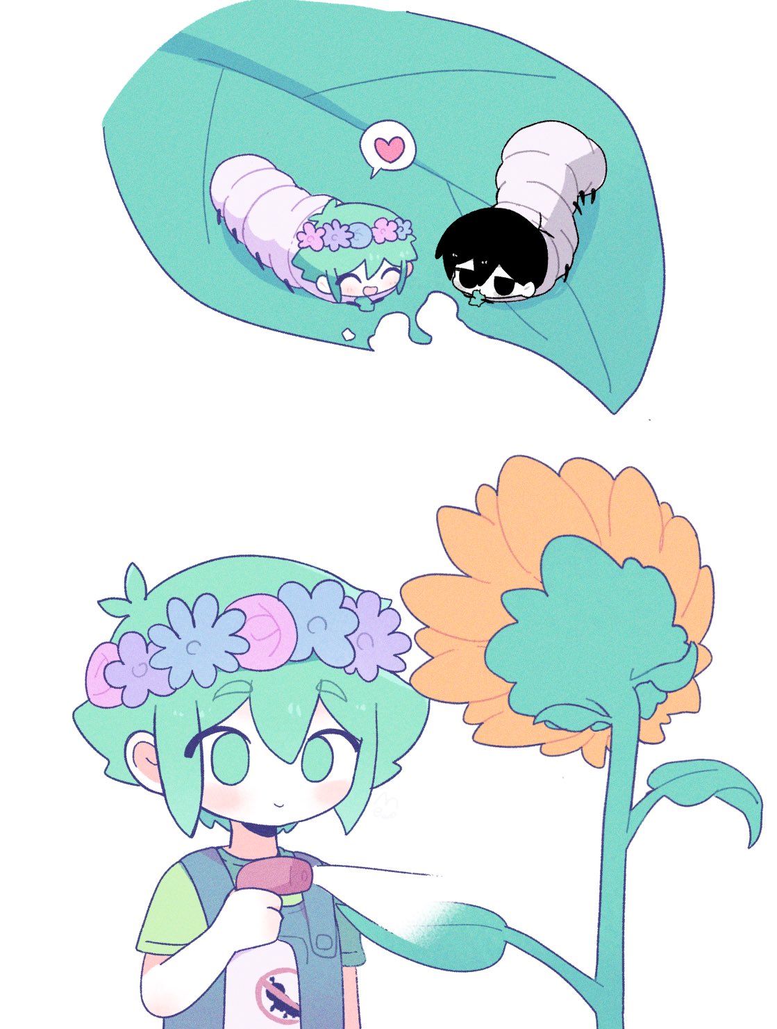 1boy, animalization, antenna_hair, basil_(headspace)_(omori), basil_(omori), blue_overalls, bottle, flower