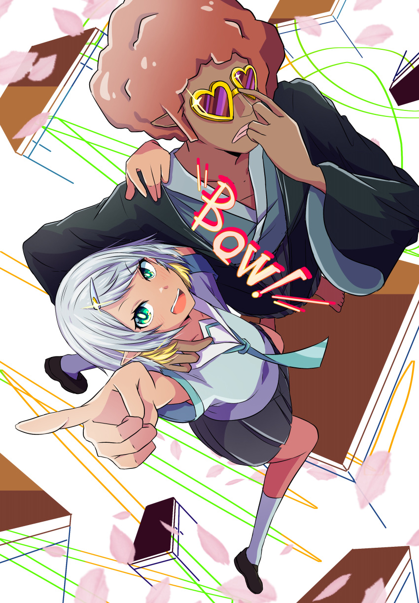 1boy, 1girl, absurdres, adjusting_eyewear, afro, afro_samurai_(zutomayo), aqua_necktie, aqua_trim