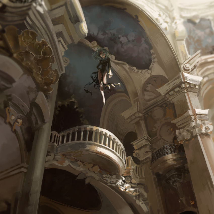 1girl, absurdres, architecture, balcony, baluster, commentary, curly_hair, dana_(ocana_dana)