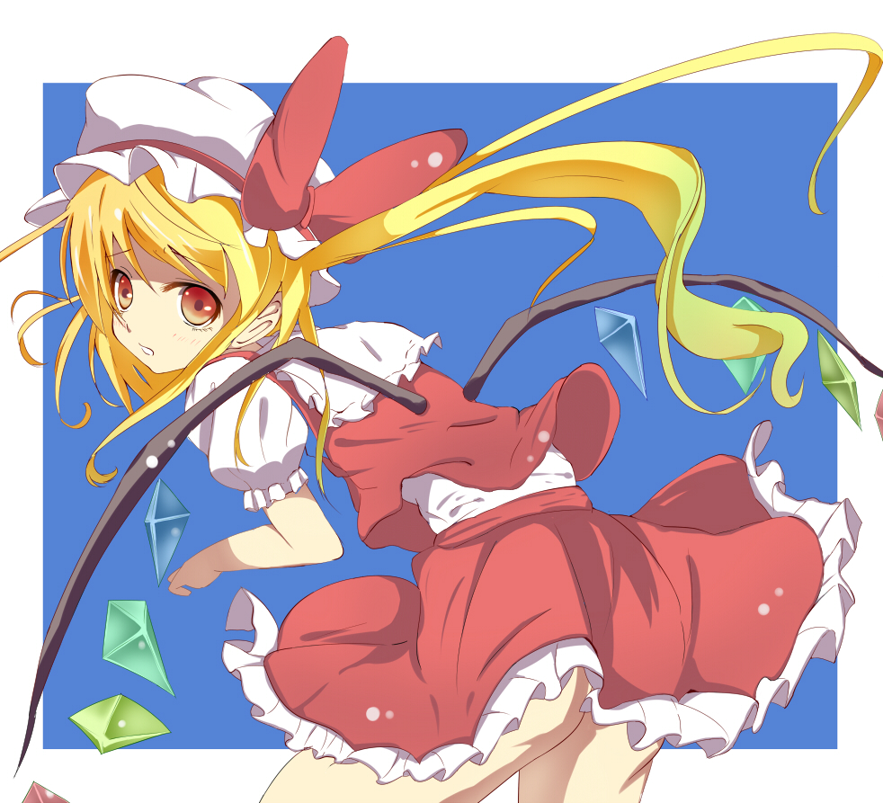 aa44, blonde_hair, blush, bow, flandre_scarlet, hat, looking_back, orange_eyes