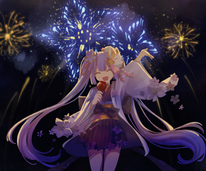 1girl, :d, absurdres, azusa_(vtuber), azusa_official, black_kimono, blue_hair, candy_apple