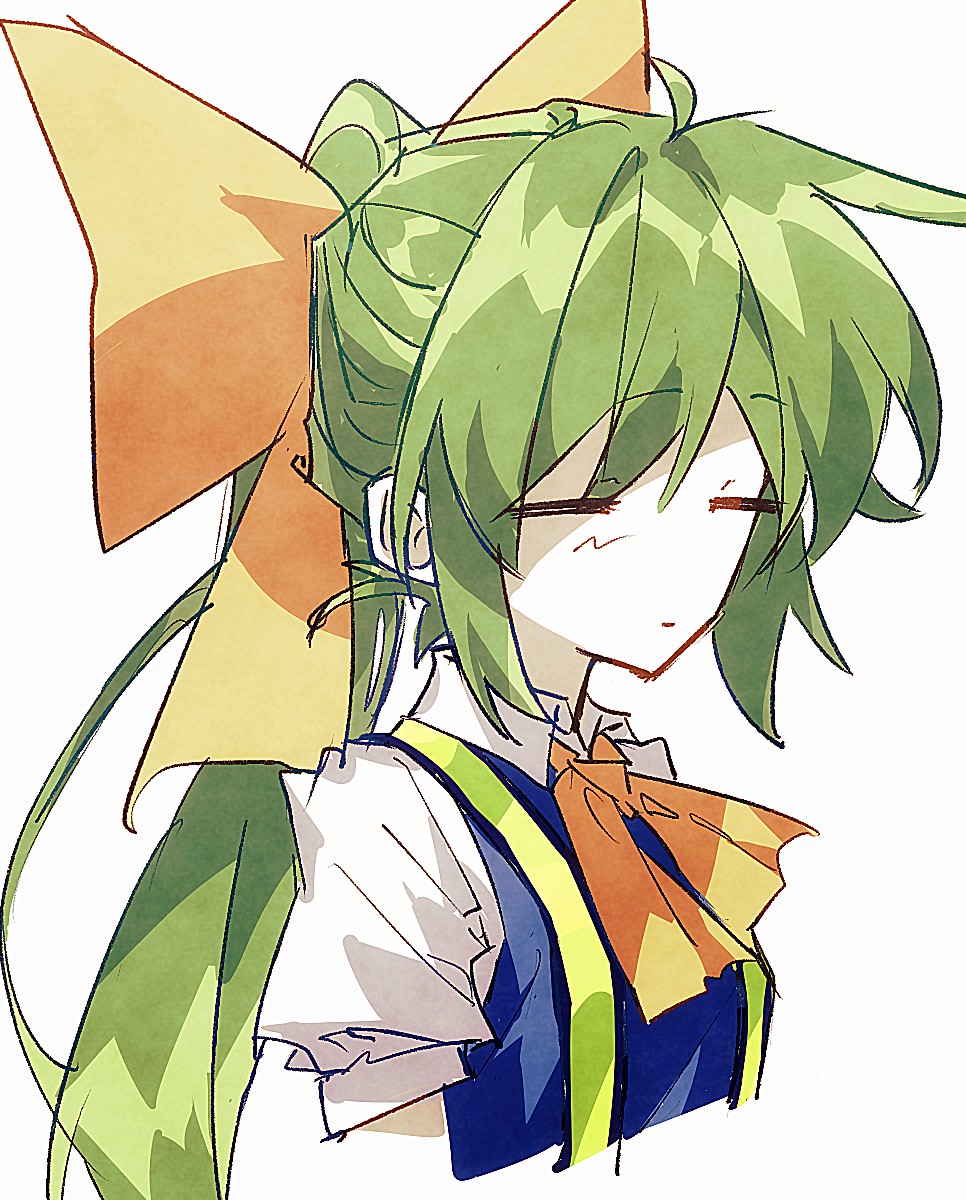 1girl, ascot, blue_vest, bow, closed_eyes, closed_mouth, collared_shirt, colored_skin